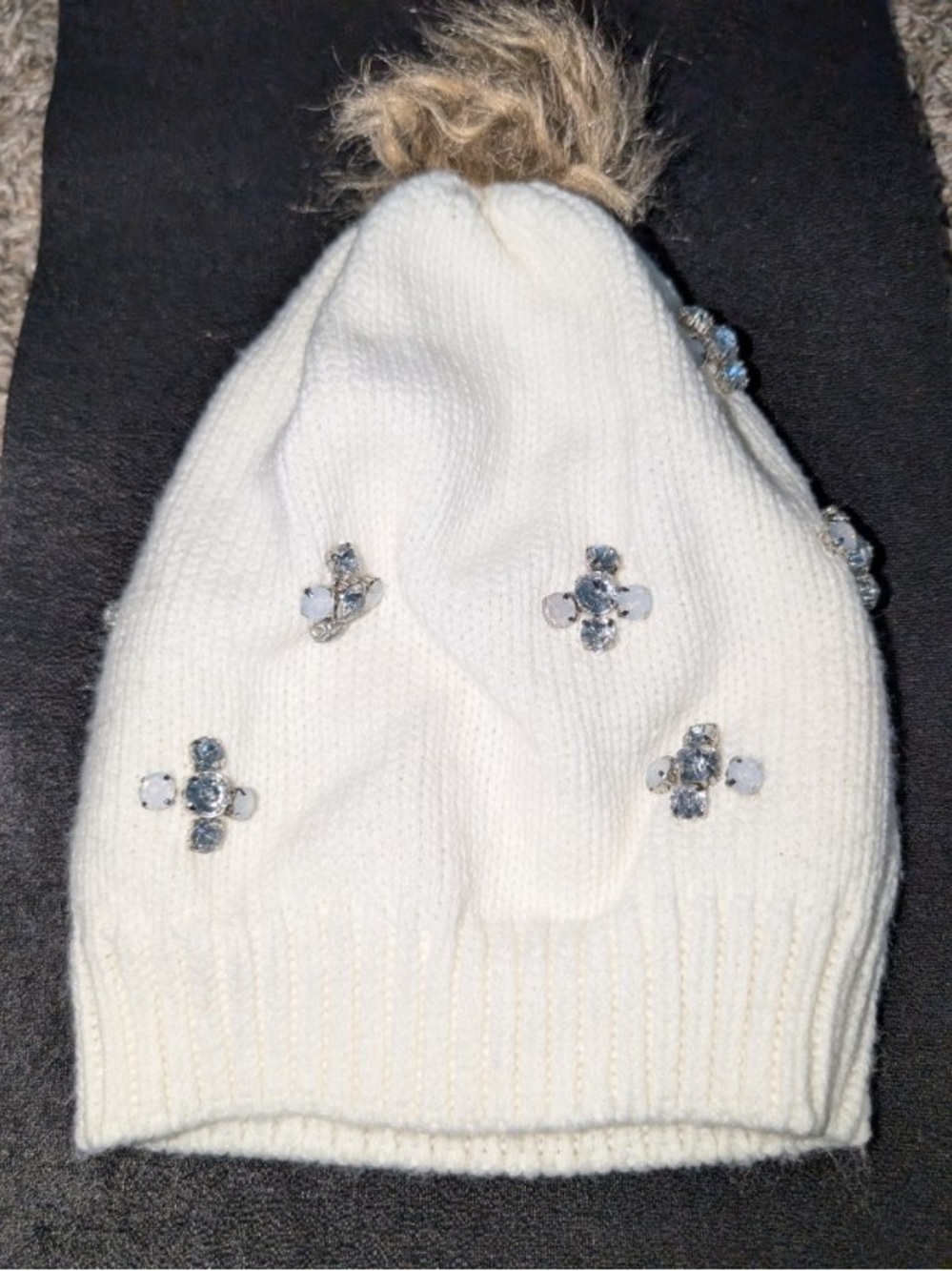 Othr White Beaded Pom Pom Knit Hat